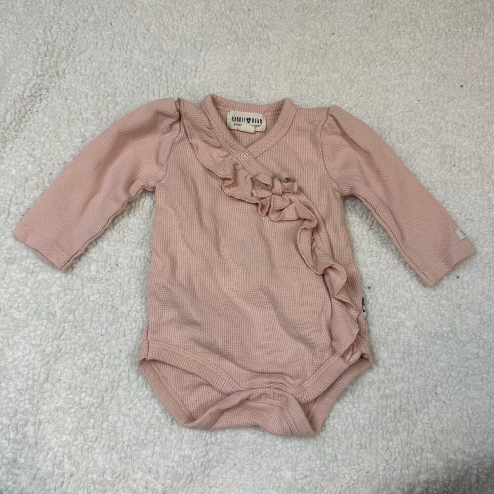 Rabbit Bear Pink Waffle Knit Ruffle Kimono Onesie Bodysuit Baby Girl 3-6 Months
